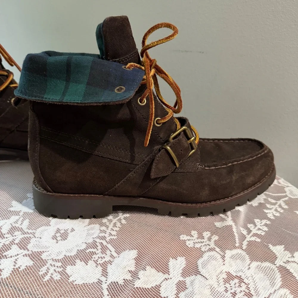 Polo Ralph Lauren Ranger Suede Boots 9.5 Brown Plaid Tartan Collar Classic Fall